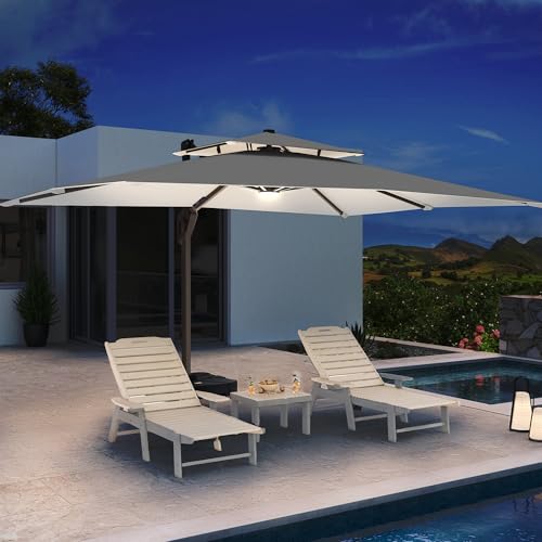 10 X 13 FT Cantilever Patio Umbrella with LED Lights Outdoor Heavy Duty Double Top Windproof Rectangle Offset Umbrellas with 360-degree Rotation for Pool Deck Backyard, Foggy Grey - color: Foggy Grey, size: 10' X13'-Weighted Base Not Included