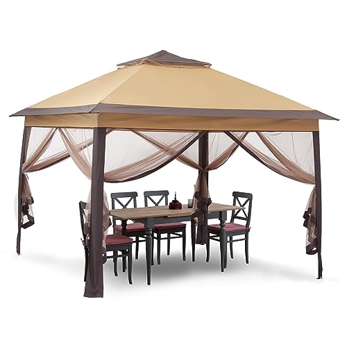 11x11 FT Gazebo Tent, Outdoor Tents for Parties with Mosquito Netting, Folding Heavy Duty Height Adjustable Canopy Tent for Patio Backyard Garden (Brown) - color: Brown