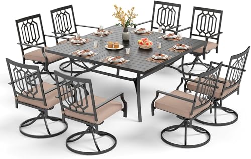 PHI VILLA 9 Pieces Outdoor Dining Set for 8, 60" Black Square Wrought Iron Table with Umbrella Hole & Swivel Metal Chairs with Cushions, Large Outside Furniture Set for Patio, Deck, Yard, Porch - color: Hexagon Back Swivel Chair, size: 9PCS-60" Steel Tabl