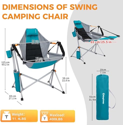 KingCamp Hammock Chair with Footrest – Heavy Duty Swinging Rocking Camping Chairs for Adults up to 400lbs, Folding Portable Oversized Rocker with Cup Holder & Pillow for Outdoor Beach Lawn RV Sports - color: Footrest Deluxe Cyan/Grey