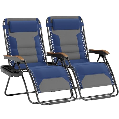 PHI VILLA XXL Oversized Padded Zero Gravity Chair Set of 2, Foldable Patio Recliner, 30" Wide Seat Anti Gravity Lounger with Armrest and Cup Holder, Support 400 LBS (Thumb Blue) - color: Blue, style: 2 Pcs