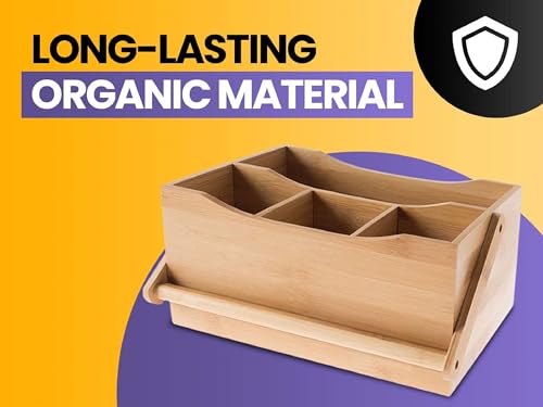 YBM HOME Bamboo Flatware Utensil Caddy with Napkin Holder and Handle, Wood Picnic Basket for Kitchen and Camping Trip, 336
