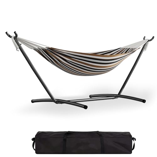GarveeLife Double 2 Person Hammock, Indoor Outdoor Standing Hammock with Space Saving Steel Stand, Carry Bag, 450 LBS Weight Capacity, Suitable for Garden Camping Beach, Coffee - color: Coffee