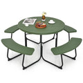 Tangkula 8 Person Picnic Table, Outdoor Round Picnic Table with 4 Built-in Benches, Umbrella Hole, Metal Frame & HDPE Tabletop, Outside Table and Bench Set for Backyard, 2300lbs Weight Capacity - color: Green