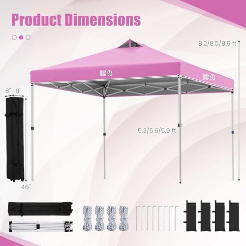 Tangkula 10 x10 Ft Pop Up Canopy with Center Lock, UPF 50+ One-Button Setup Outdoor Canopy Tent with Roller Bag, 4 Sand Bags, Heavy-Duty Steel Frame, 8 Stakes, 4 Ropes for Camping, Picnic (Pink) - color: Pink