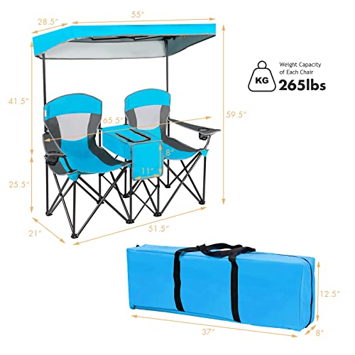 DORTALA Double Camping Chair with Canopy, 2 Person Folding Beach Chair with Canopy Shade, Table Beverage Holder and Storage Bag, Double Rocker Chair Outdoor for Camping, Beach, Picnic, Blue - color: Blue