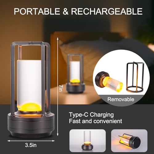 Portable Metal Table Lamp for Indoor/Outdoor ,Rechargeable Cordless LED Lamp, 3-Colour Infinitely Dimming Battery Powered Small Desk Lamp, Restaurant/Bedroom/Bar/Coffee Shop/Camping Light (Grey) - color: Gray
