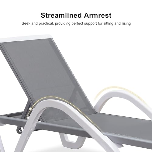 PURPLE LEAF Patio Chaise Lounge Chair Set Outside Aluminum Plastic Stackable Tanning Chairs with Armrests and Side Table for Pool Sunbathing Beach Deck Outdoor Lounger, Grey - color: Grey, style: 1 chair(w/Arms) + 1 table