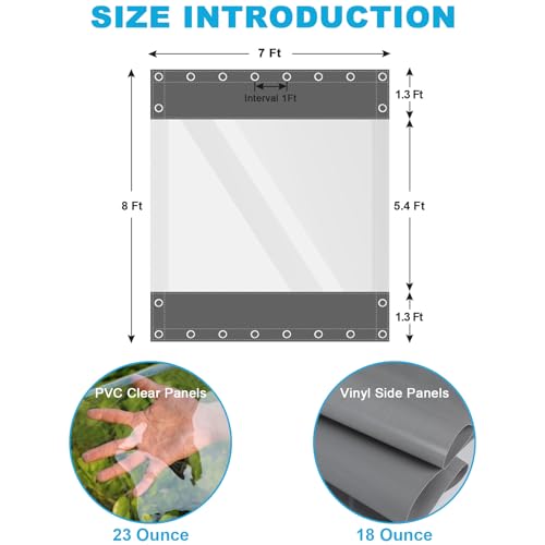 Clear Vinyl Curtains for Patio Enclosure, 23oz Heavy Duty Waterproof Anti-UV and Tear-Resistant Tarpaulin with Grommets, Weatherproof Panels for Porch, Pergola, Gazebo, Balcony, Outdoor - color: Gray, size: 8'H X 7'W