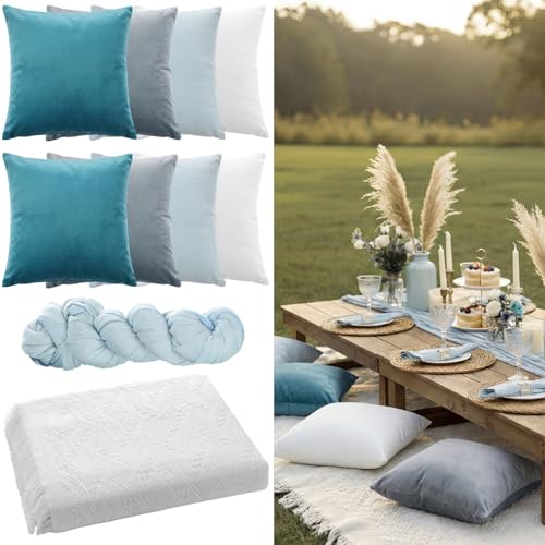 Moukeren 10 Pcs 71''x102'' Extra Large White Outdoor Boho Picnic Blanket with Table Runner 8 Blue Throw Pillow Cover Oversized Washable Portable Beach Blanket for Valentine Picnic Camp Lawn Wedding - color: Blue