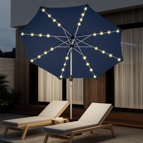 9FT Aluminum Patio Umbrella with 40-LED Solar Lighted, Fade-Resistant Outdoor Market Table Umbrella with Push Button Tilt Function, 8 Sturdy All-Aluminum Ribs for Gardens, Decks, Backyards & Pools - color: Navy Blue, size: 9FT 40LED-1Tier (Aluminum Umbrel