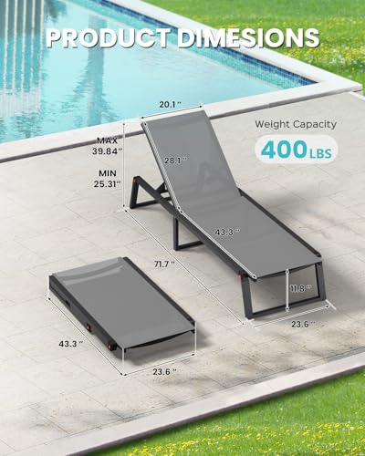 Aluminum Chaise Lounge Chair Outdoor, Foldable& No Assembly Patio Pool Lounge Chairs 5-Position Recliner for Outside, Fully Grounded Legs Sun Lounger for Poolside, Dark Grey - color: Dark Grey, size: 1