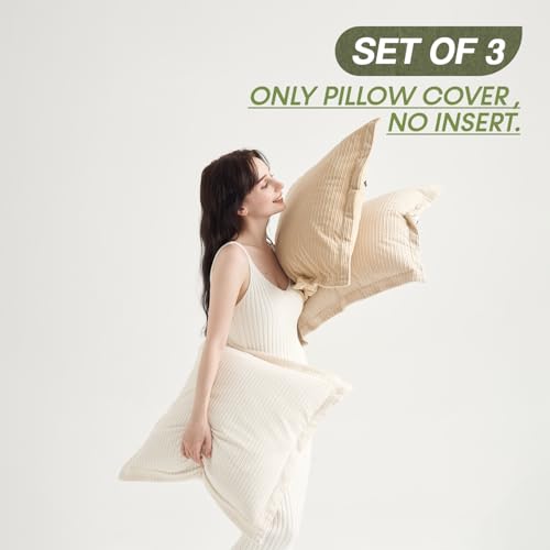 COCO TOP Set of 3 Decorative Vintage Throw Pillow Covers 18x18inch, Soft Striped Textured Corduroy Square Cushion Pillowcases for Modern Bedroom Living Room Farmhouse Decor(Camel, Beige & White) - color: Camel/Beige/White, size: 18" x 18" (Pack of 3)