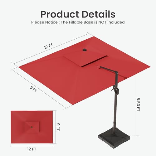9x12 FT Cantilever Patio Umbrella with Base and Led Lights Double Top Outdoor Rectangular Large Heavy Duty Aluminum Offset Umbrellas with 7 Level Tilt 360-degree Rotation for Pool Garden Deck, Wine Red - color: Wine Red, size: 9' X 12'-with Light & Base