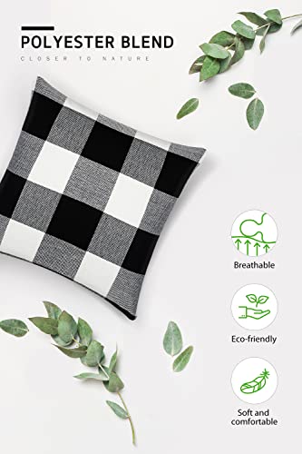 Syntus Set of 2 Buffalo Check Throw Pillow Covers Farmhouse Outdoor Plaid Square Pillow Cushion Case Black and White Polyester Linen for Christmas Thanksgiving Decor Car Bed Sofa, 18 x 18 inches