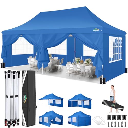 COBIZI 10x20 Pop Up Canopy with 6 Sidewalls, Conical Party Tent 10x20 with 3 Adjustable Height Waterproof, UV-Resistant with Carry Bag, Sandbag, Stake, Ropes for Parties, Commercial (Frame Upgraded) - color: Light Blue, size: 10x20FT