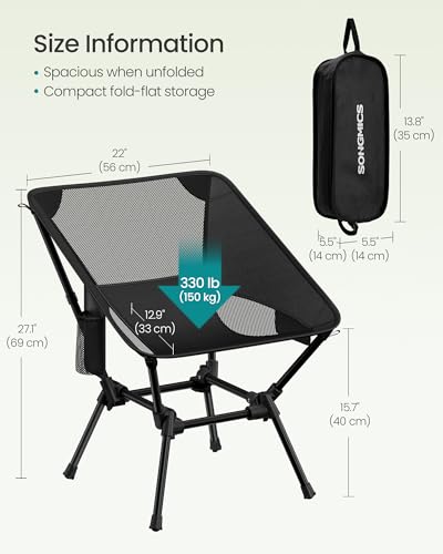 SONGMICS Camping Chair, Lightweight Folding Beach Chair, Adjustable Height, Steel Frame, Portable for Outdoor Travel - color: Black, style: Lowback (18.9"D x 22"W x 27.1"H）