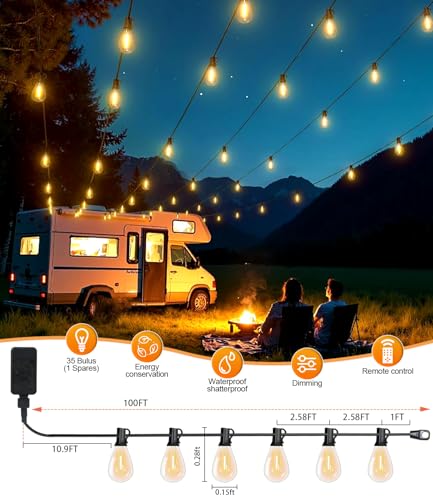 Tenmiro 100FT LED Outdoor String Lights with Remote, 35+ 1 Shatterproof Bulbs Waterproof and Dimmable Patio Lights for Porch, Garden, Backyard, Deck, Balcony, 2700K Hanging Lighting - size: 100FT-Remote