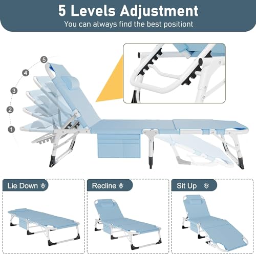 Slsy Sleeping Cots for Adults, 5-Position Folding Chaise Lounge Chairs Outdoor, Portable Folding Bed Cot Lounge Chair for Beach Lawn Camping Pool Sun Tanning - color: Azul