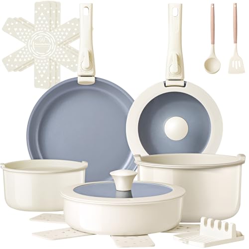 Ammeloo 18-Piece Ceramic Pots and Pans Set Non Stick, Non Toxic Cookware Set with Removable Handles, Pot Sets for Cooking, Induction Ready, Dishwasher & Oven Safe, PFAS PFOA & PTFE Free (Cream White) - color: Cream White