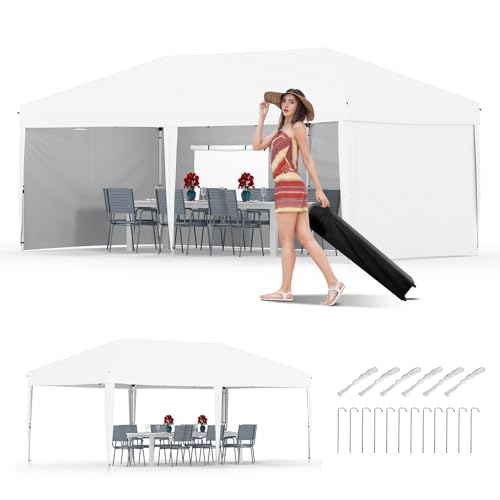 GarveeLife 10x20 Pop Up Canopy with 4 Sidewalls, Beach Ten with One Push Setup, Heavy Duty Outdoor Instant Canopy Tent with Portable Roller Bag, Silver Coated Top, 3 Adjustable Height, Sandbags,White - color: White, size: 4 Sidewalls
