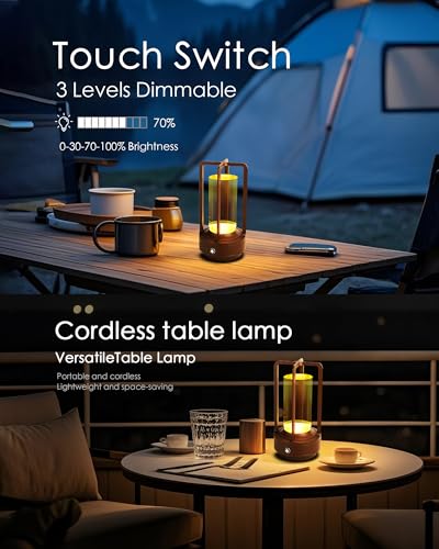 Set of 2 Cordless Table Lamps, LED Rechargeable Battery Operated Desk Lamps with 3 Color Stepless Dimmable, Small Light Portable for Outdoor Patio Bar Restaurants Bedroom Bedside (Brown) - color: Brown