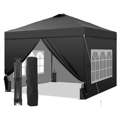 GDY 10x10 Pop Up Canopy Tent with 4 Sidewalls, Easy Set up with One Push Lift Outdoor Silver Coated Beach Gazebos, Carpas with 4 Sandbags, for Events, Parties,Camping, Black. - color: Black, size: 10x10 with 4 Sidewall
