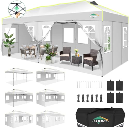 COBIZI 10x20 Pop Up Canopy Tent with 6 Removable Sidewalls, One Push Party Tent Outdoor Waterproof Event Canopy with Air Vent for Parties Commercial Wedding, 3 Height, Carry Bag, Sandbag, White - color: White, size: 10x20【with 6 sidewalls】