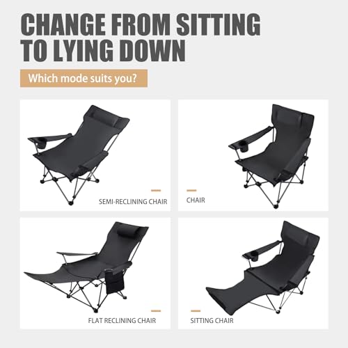 Reclining Camping Chair with Removable Footrest, Adjustable Camping Lounge Beach Chair with Padded Headrest, Cup Holder & Carry Bag, Camp Chair with Foot Rest Lawn Chairs for Camp, Fishing,Office - color: Black