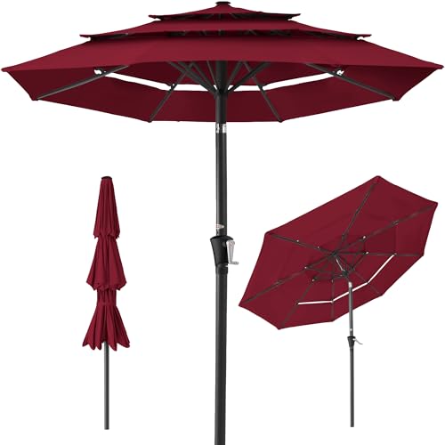 Best Choice Products 10ft 3-Tier Market Patio Umbrella, Outdoor Sun Shade with Tilt, Crank Lift, 8 Ribs for Backyard, Deck, Poolside - color: Burgundy