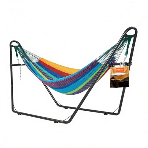Lazy Daze Hammocks Handwoven Mayan Hammock with Heavy Duty Steel Stand, 10.5 FT Soft Rope Double Hammock for Patio Outside, 550 lbs Weight Capacity, Multi Color - color: Multi Color