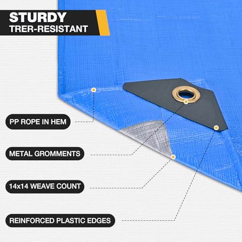 Winpull Tarp 10x12 Feet 14 Mil Heavy Duty Waterproof Tarp, Large Multipurpose Cover with Brass Grommets and Reinforced Edges, UV Resistant Thick Poly Tarps for Outdoor Camping Tent Pool Car, Blue - color: Blue/Silver-14mil, size: 10' x 12'