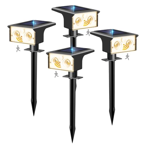 btfarm Solar Spot Lights Outdoor Waterproof, 4 Pack/3 Modes Motion Sensor Lights, Solar Powered Spotlights 2-in-1 Auto On/Off for Outside Pathway Yard Garden Landscape Lighting, Warm White - color: Warm White, size: 4 Pack