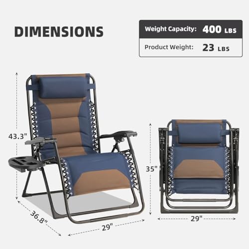 Zero Gravity Chair Set of 4 Oversized Padded Recliner with Adjustable Headrest & Cup Holder - 600D Oxford Folding Lounge Chair for Outdoor Camping, Patio, Poolside (Brown & Blue) - color: Brown & Blue, size: 4 PCS