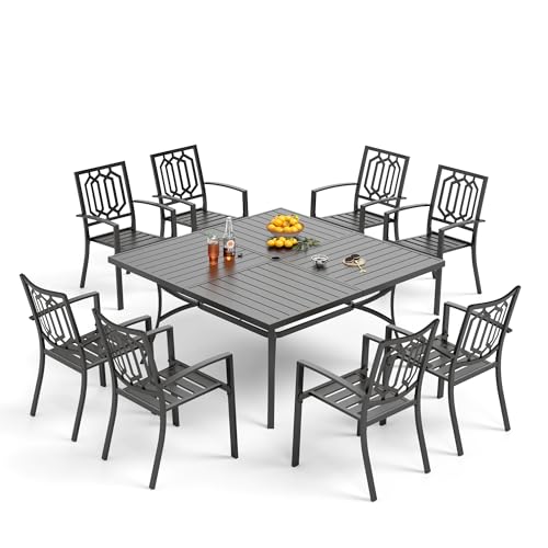 PHI VILLA 9 Pieces Outdoor Dining Set for 8, 60" Black Square Metal Table with Umbrella Hole & Stackable Wrought Iron Chairs, Large Outside Furniture Set for Patio, Deck, Yard, Porch - color: Hexagon Back Chair, size: 9PCS-60" Steel Table