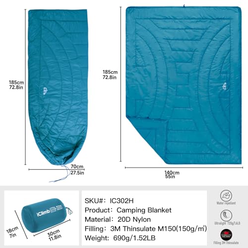 iClimb 3M Thinsulate Insulation Warm Camping Blanket Ultralight Compact - color: Blue, size: 72.8” × 55”, 1.52 lb