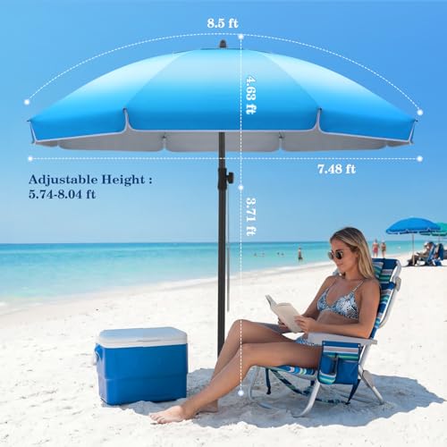 UIRWAY Beach Umbrella, Heavy Duty Windproof Beach Umbrellas with Sand Anchor & Tilt, Sun Protection Portable Beach Umbrella with Carrying Bag for Beach, Patio Garden Pool Outdoor - color: Sky Blue Fade, size: 7.5FT