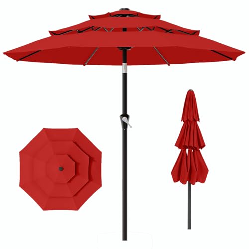 AreShark 9ft 3-Tier Patio Umbrellas, Outdoor Umbrella with 8 Sturdy Ribs UV Protection Windproof, Market Table Umbrella w/Push Button Tilt & Crank for Pool, Porch, Deck, Garden(Red) - color: Red