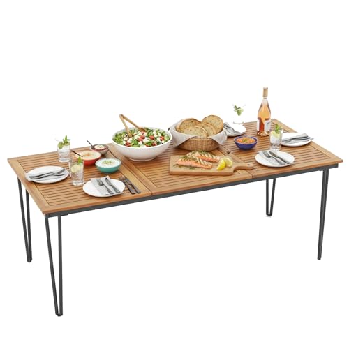 Tangkula 79 Inch Outdoor Dining Table for 8, Acacia Wood 8-Person Patio Table with 1.9 Inch Umbrella Hole, Metal Legs & Adjustable Foot Pads, Rectangular Outside Table for Garden, Poolside & Backyard - size: 79"