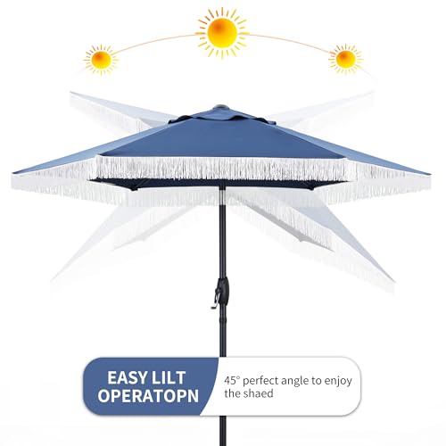 GDY 7.5FT Tassel Patio Umbrella Outdoor Table Umbrella,Market Umbrella with 6 Sturdy Ribs, with Push Button Tilt and Crank for Garden, Lawn, Deck, Backyard & Pool (Dark Blue) - color: Dark Blue, size: Umbrella Only