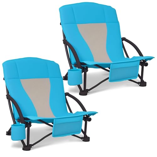 Portable Folding Beach Chair with Cooler Bag for Adults - Lightweight Low Back Sling Chair with Cup Holder & Storage Pocket (Blue w/Cooler, 2 pcs) - color: Blue W/ Cooler, size: 2 pcs