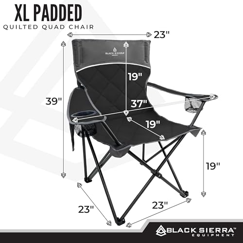 Black Sierra Quilted Padded Camping Chair, Oversized Heavy Duty Outdoor Lounge Seat Supports 300 lbs, Portable, Folding with Cup Holder for Beach, Tailgating, Sports, Patio - color: Black