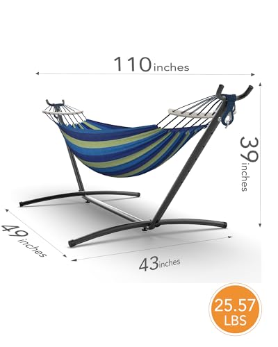 Everyfun Double Hammock with Space-Saving Steel Stand, 2 Person Heavy-Duty Hammock for Garden, Yard or Outdoor, 600lbs Capacity, Wide Blue - color: Wide Blue