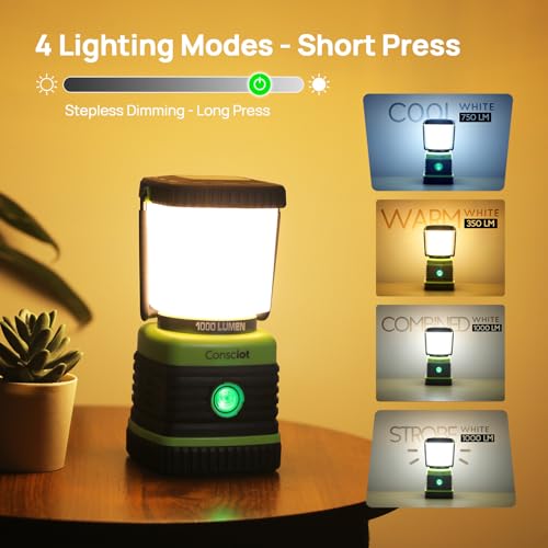 LED Camping Lantern Rechargeable, Consciot Camping Lights, 1000LM, 4 Light Modes, 4400mAh Power Bank, IPX4 Waterproof Tent Lights, Dimmable Flashlight for Emergency, Power Outages, USB Cable Included - size: 1000 Lumens - 1