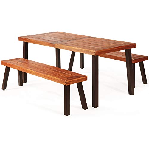 Giantex Patio Dining Table Set with 2 Benches, Outdoor Picnic Table Set with Umbrella Hole, Acacia Wood Patio Seating and Rectangular Table for Backyard, Garden, Lawn (Rustic Brown)