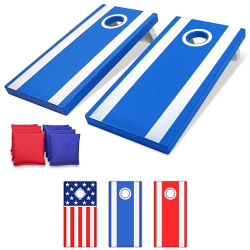 GoSports 4 x 2 ft All Weather Cornhole Boards - American Flag, Red, or Blue - Game Set Includes 8 Bean Bags & Rules - color: Blue