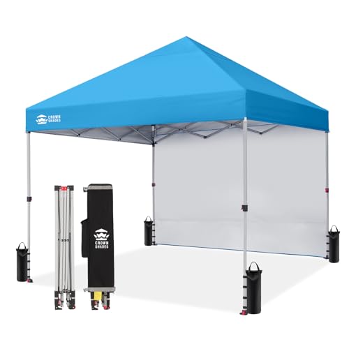 CROWN SHADES 8x8 Pop Up Canopy with 1 Side Wall - Beach Tent with One Push Setup - Outdoor Sun Shade for Events, Parties, Camping - Gazebo with STO-N-Go Cover Bag (Sky Blue) - color: Sky Blue, size: 8x8FT