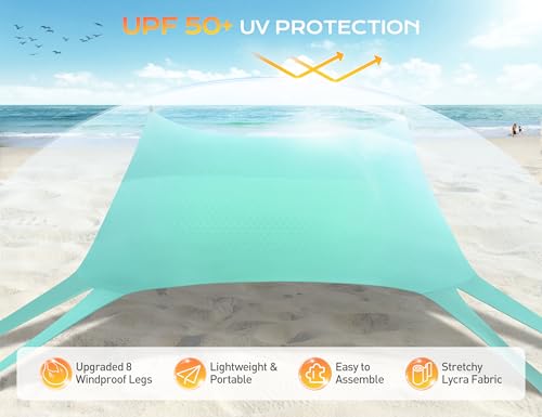 Rengue Beach Tent, Beach Canopy UPF50+ UV Protection, 10x10ft Beach Shade Sun Shelter with 8 Sandbags, Sand Shovels, Ground Peg, Stability Poles for Camping, Fishing, Picnic, Backyard Fun, Light Green - color: Light Green