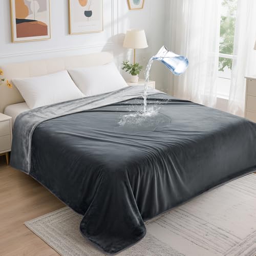 LOOBANI Waterproof Blanket for Bed: Reversible Soft Flannel Queen Bed Blanket 80" x 90", Waterproof Dog Blankets for Large Dogs, Spill-Proof Cover for Furniture Protection, Movie Time, Grey - color: Grey, size: 80" x 90"