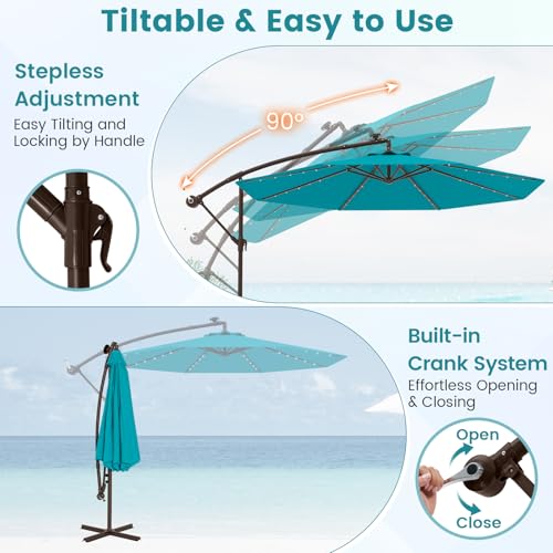 Tangkula 10FT Offset Patio Umbrella with Base Included, Outdoor Cantilever Umbrella with 40 Solar LED Lights, Tilt Adjustment, Crank Handle, Vented Top, Sand Bags for Pool Yard Deck (Turquoise) - color: Turquoise